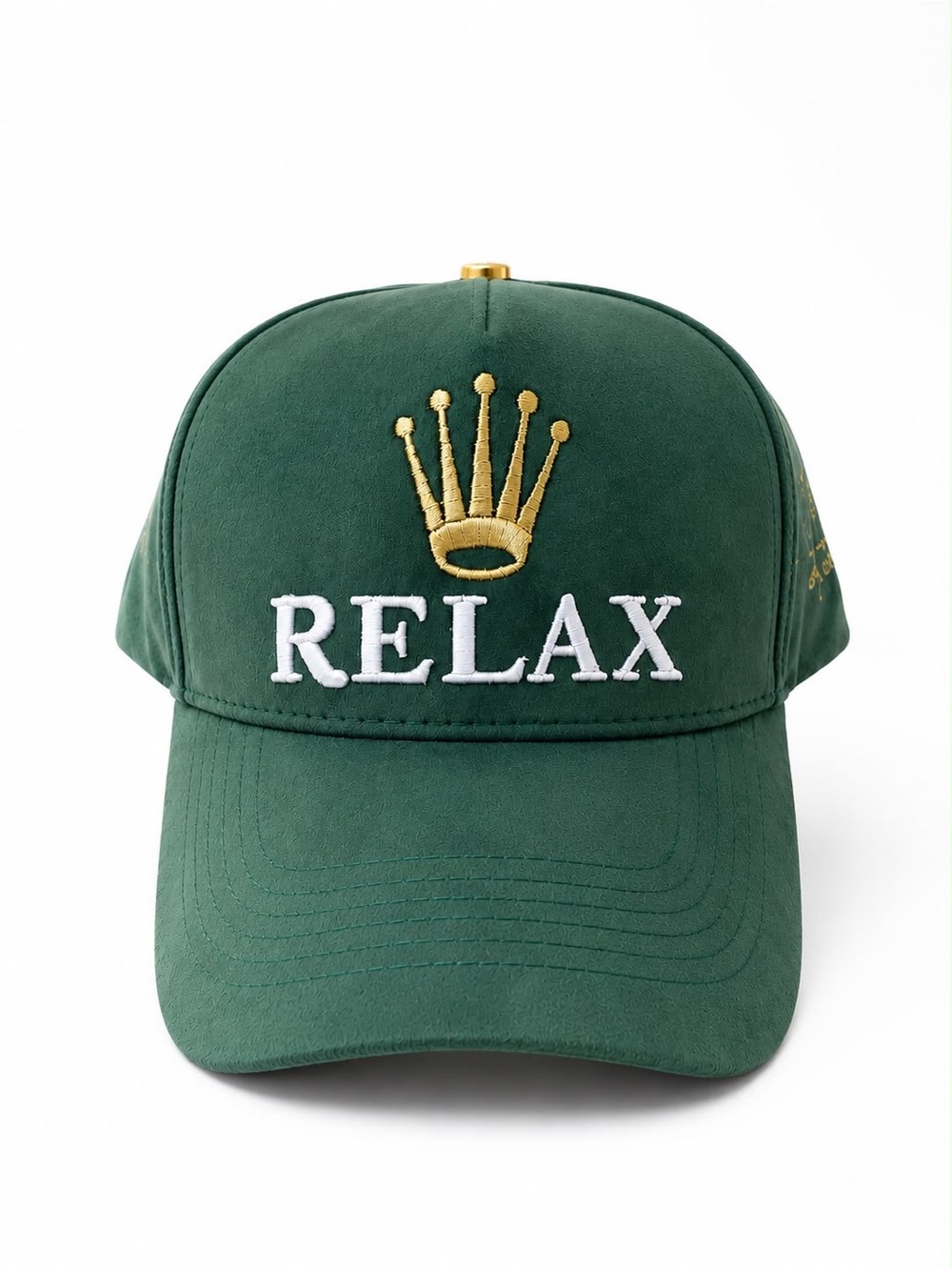 RELAX Embroidered Green Baseball Cap with Gold Crown